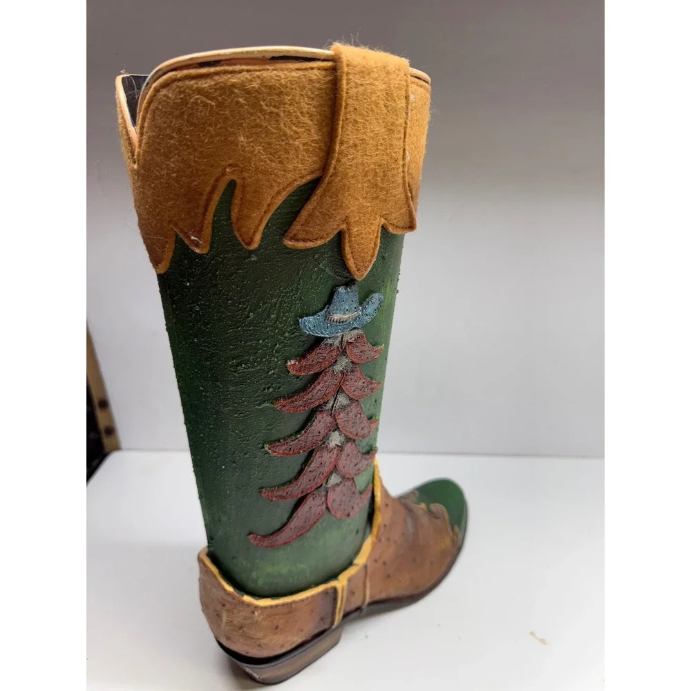 Western Cowboy Boot Decorative Planter Vase GreenBrown Ostrich Print ChiliPepper